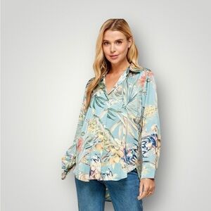 Ellison tropical print satin button down shirt